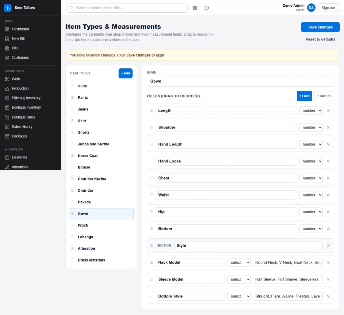 Item Types & Measurements — TailorMan