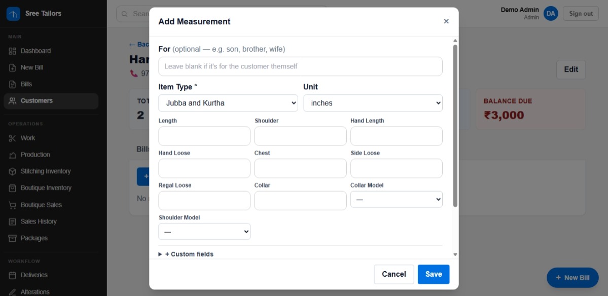 Customer Measurements — TailorMan
