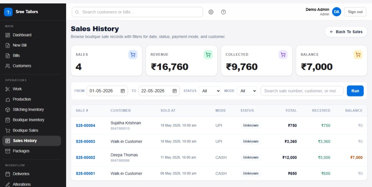 Sales History — TailorMan